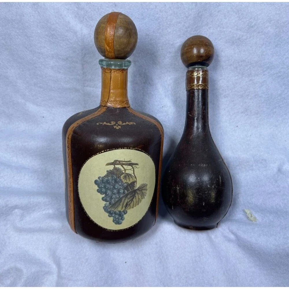 Two Vintage Italian brown Leather Covered Wine Bottle Bar Decanter Made In Italy